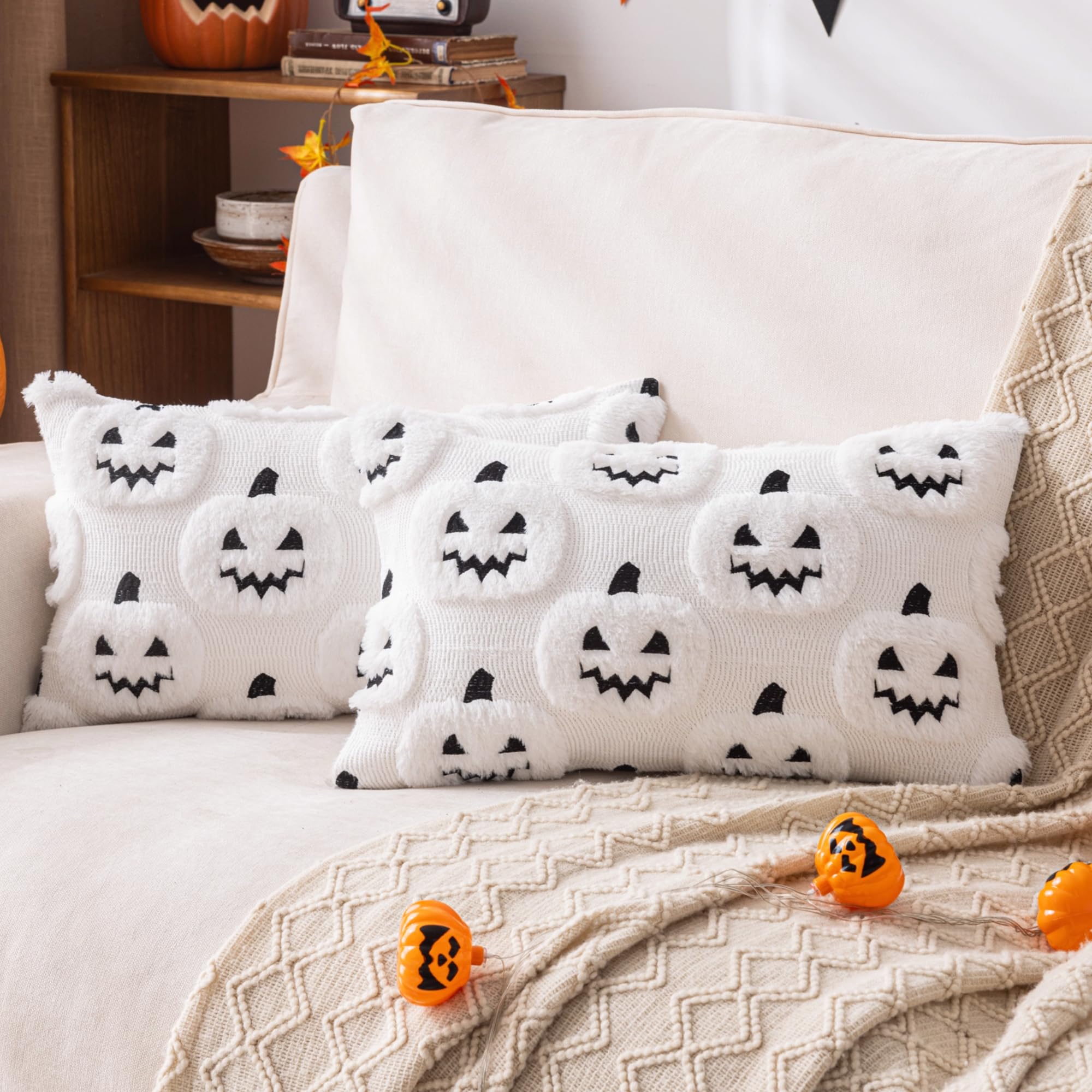 AQOTHES Halloween White Smile Ghost Throw Pillow Covers 18x18 inch Set of 2, Cute Skeleton Pillowcases Holiday Cushions Covers for Halloween Decorations Indoor Home Sofa Couch
